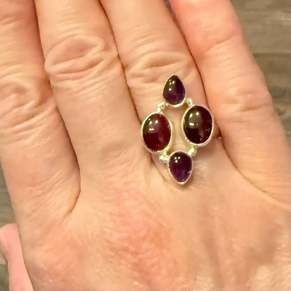 Unique Natural Amethyst Garnet Gemstone Ring Sterling Silver Size 7 New - Picture 6 of 6
